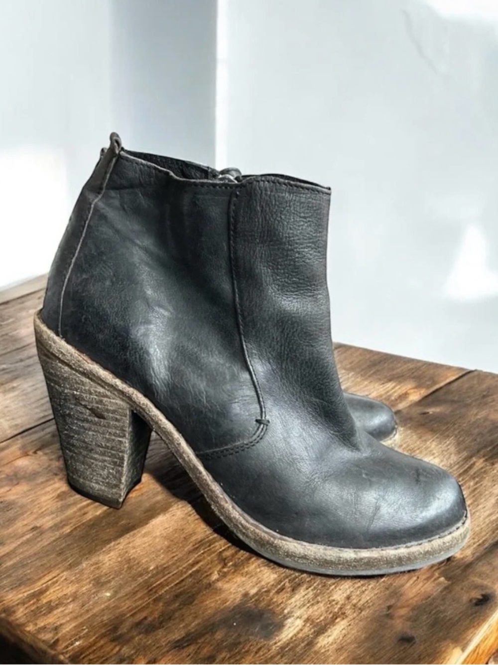 AllSaints Distressed Black Leather Heeled Booties With 3” Block Heel 37